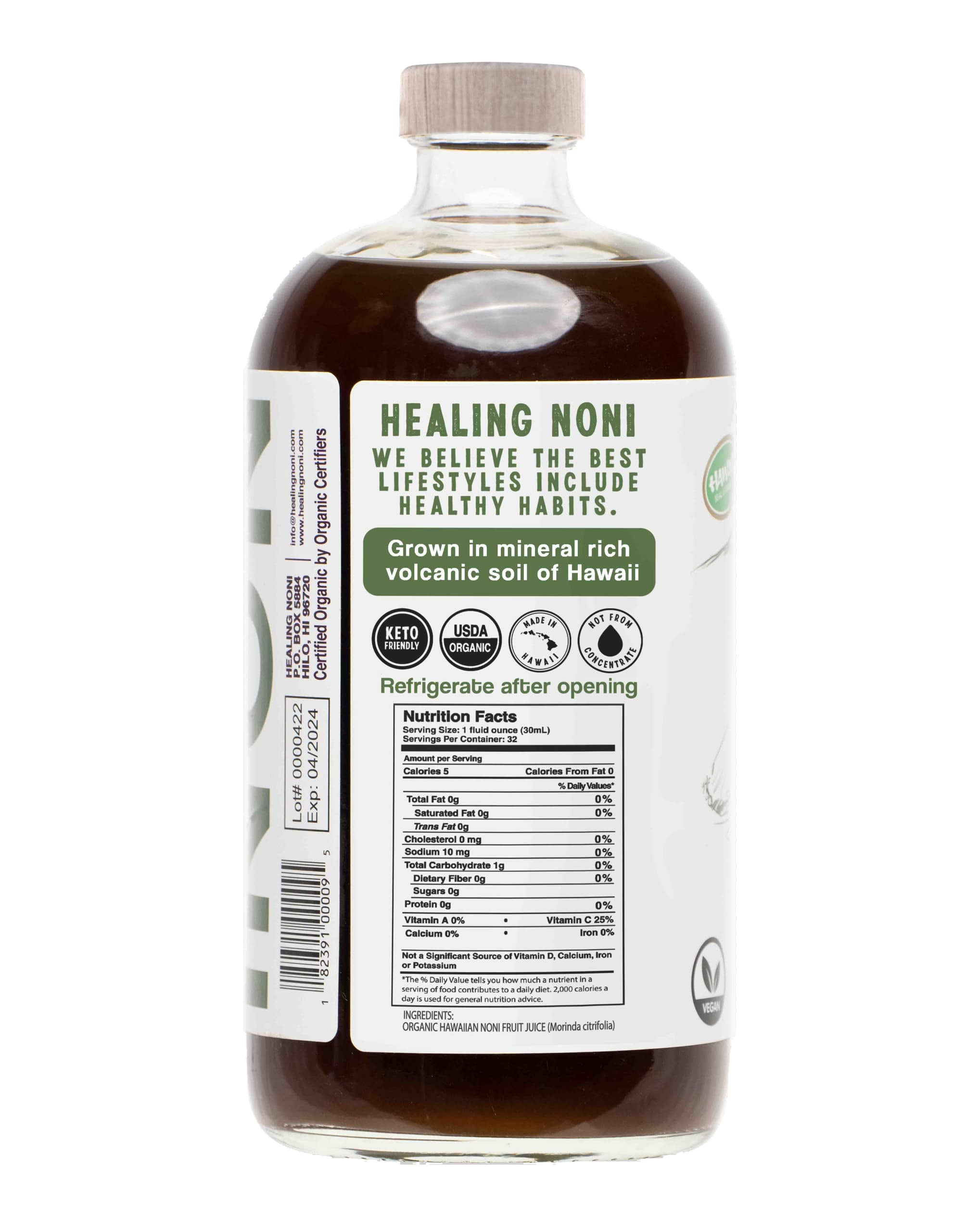 Healing Noni - Raw Organic Hawaiian Noni Juice - 4 Pack of 32oz Glass Bottles
