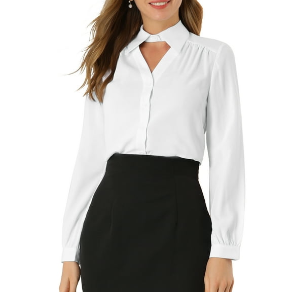 Allegra K Women's Choker Neck Blouse Long Sleeve Turn Down Collar Work Shirt