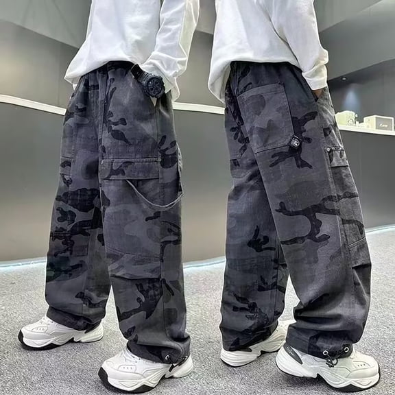 Pants for Girls Kids Boys Camo Cargo Pants Straight Leg Casual Trousers Comfortable Dark Gray 5-6 Years