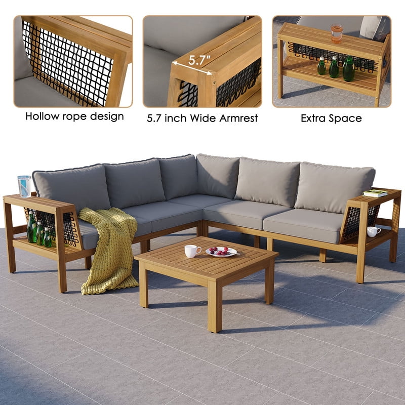4 Pieces Outdoor Acacia Wood Sectional Sofa Set with Cushions & Coffee Table, Patio Furniture Set with Woven Mesh Armrests and Side Table