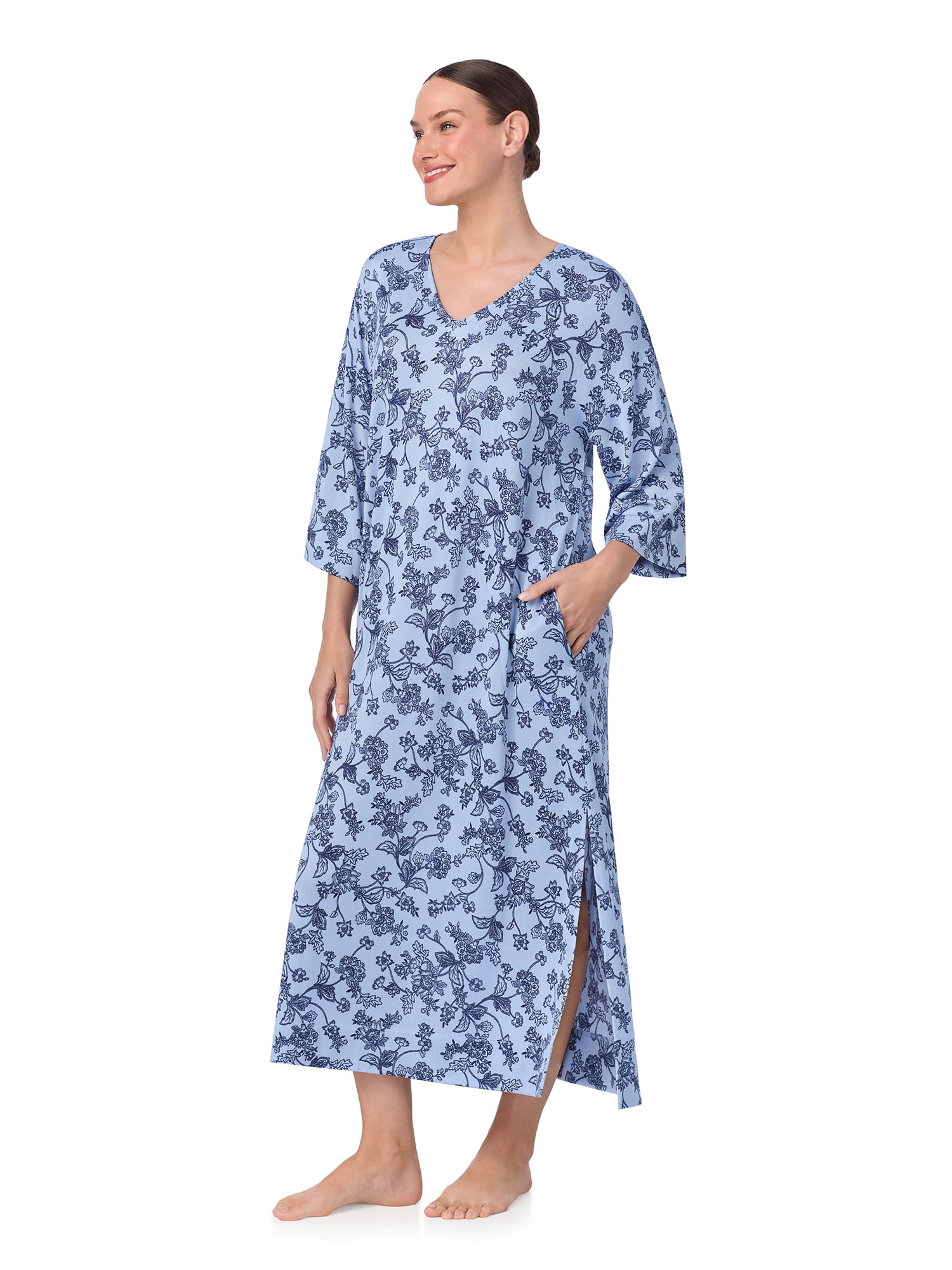 Aria Women's Sweater Knit 3/4 Sleeve V-Neck Lounger Nightgown with Pockets, Sizes XS to 5X