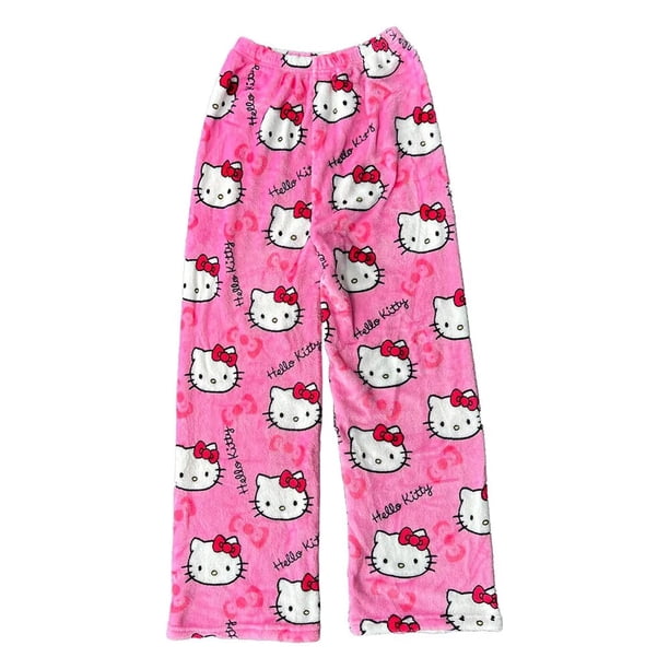 Sanrio-Pijama de franela de Hello Kitty para mujer, pantalones cálidos de lana de dibujos animados, pantalones casuales para el hogar, moda de otoño e invierno, color negro