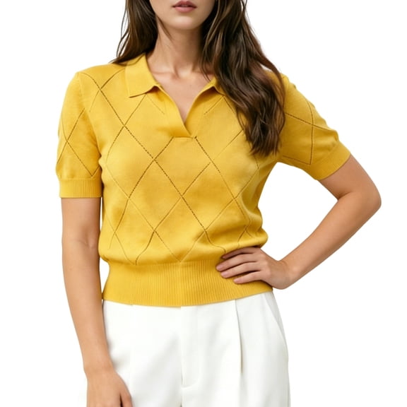 Women'S Short Sleeve Po-Lo Sweater Knit V Neck Pullover Shirt Summer Top Ginger Yellow XL