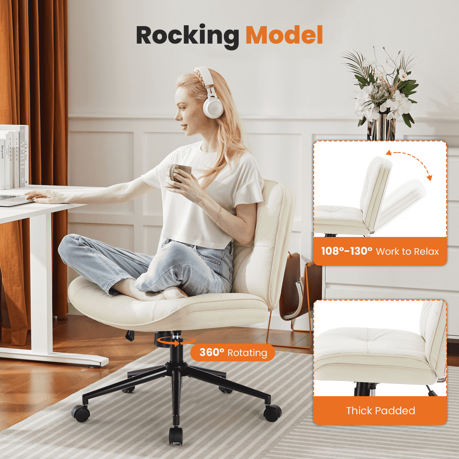 MAYEERTY Criss Cross Legged Office Chair, Armless Wide Seat with Wheels, Swivel Height-Adjustable Comfy Computer Task Seating