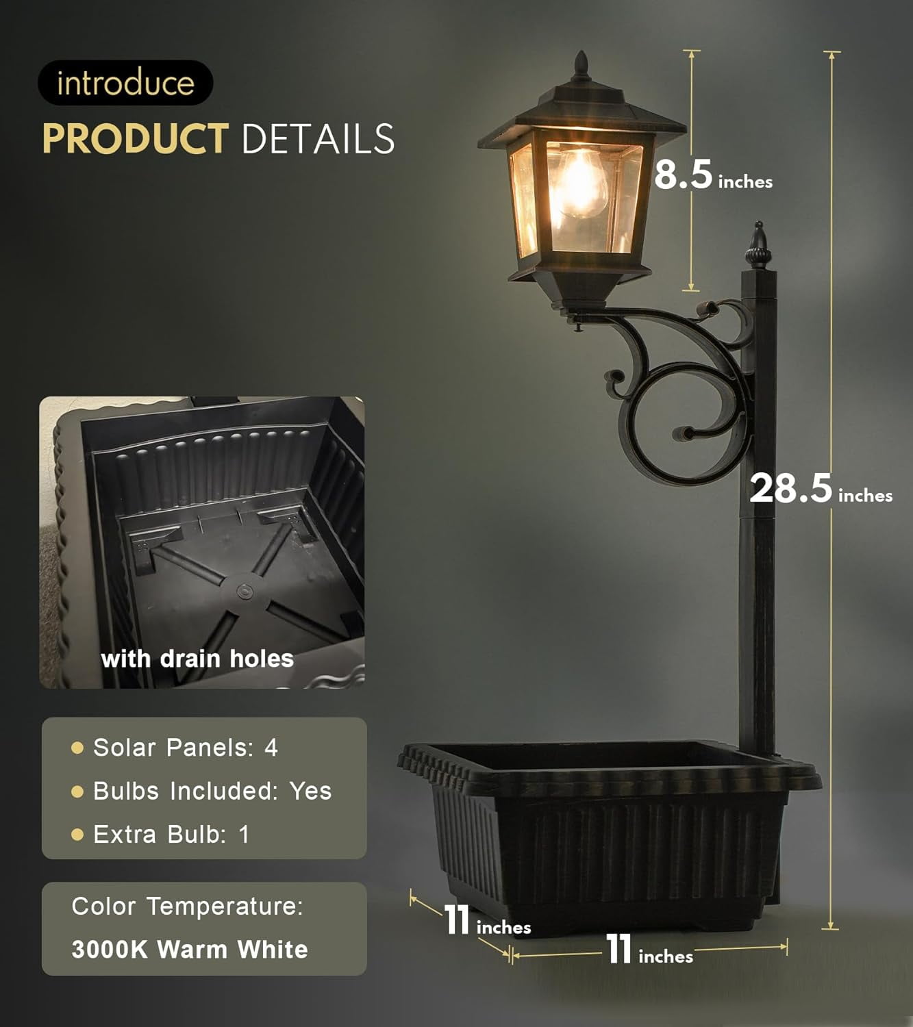 ZJTER 2 in 1 Outdoor Flower Pots for Real or Fake Flowers, Solar Lamp Post Lights - Wall Mount or Freestanding, Waterproof Decorative Lamp for Lawn, Patio, Front/Back Door