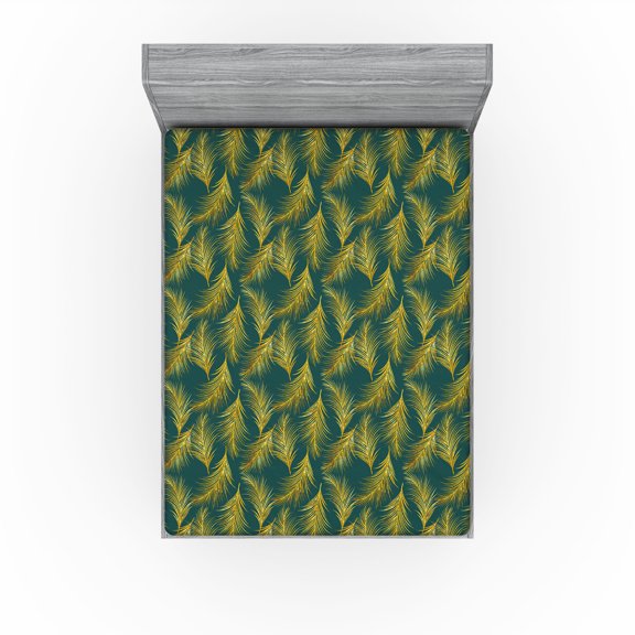 Ambesonne Art Deco Fitted Sheet, Feathers Boho Vibe Pattern, California King, Dark Teal and Mustard