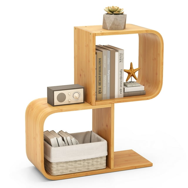 Gymax Bamboo Geometric Bookshelf 2-Tier S-Shaped Bookcase w/ Anti-tipping Device