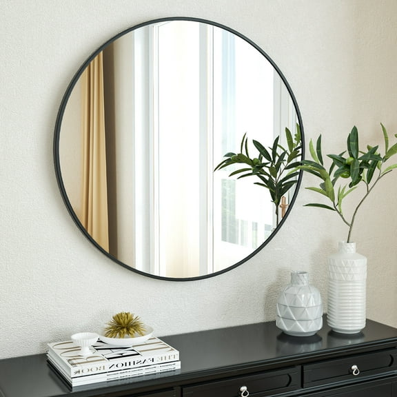 Mirstory 24.5" Round Wall Mirror Bathroom Mirror Wall Mounted Mirror with Aluminum Alloy Frame, Black