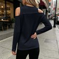 thumbnail image 4 of Ke1Clo Cold Shoulder Tops for Women Long Sleeve Round Neck Slim Fit Casual Sweater Fall Winter Fashion Solid Soft Comfy Pullover Navy XXL, 4 of 5