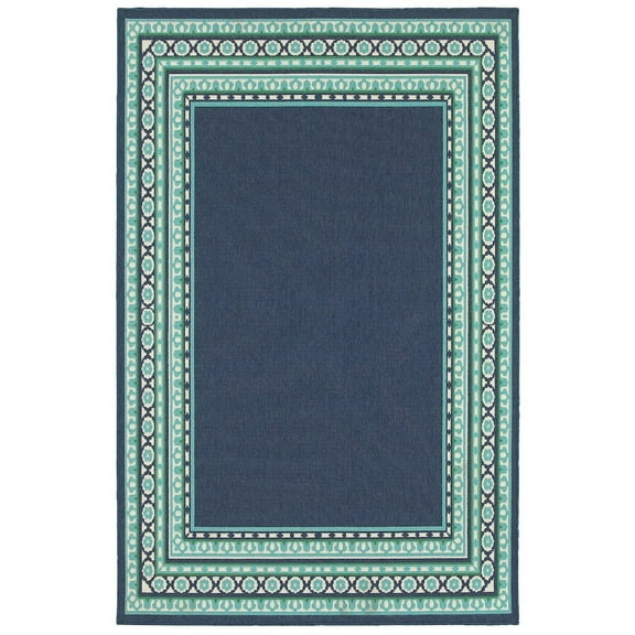 Oriental Weavers Meridian Indoor/Outdoor Rug - 9650B - 6'7" x 9'6" - in Navy/ Green - Vintage Inspired, Water, Stain and Fade Resistant, Hose Clean, Patio, Outdoor Living Area Rug