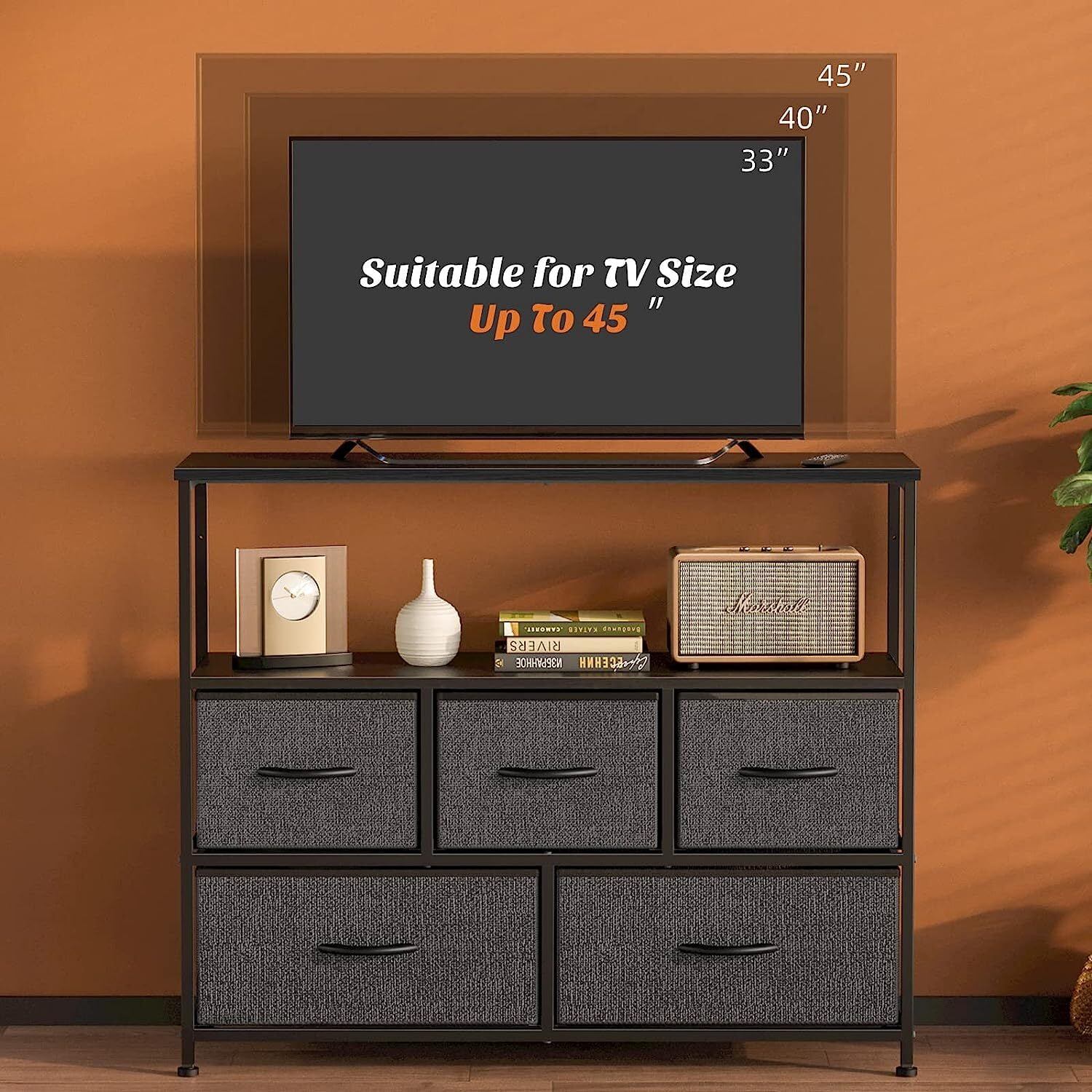 Nextay TV Stand Dresser with 5 Fabric Drawers, Small Media Console with Open Shelf for 45-Inch TV, Storage Organizer for Bedroom, Dorm, or Living Room
