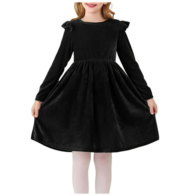2DXuixsh Robes pour Filles Robe Évasée Longueur Genou pour Tout-Petits Robe en Velours à Volants Manches Longues d'Hiver Décontractée Printemps Automne Robe de Fête de Noël Noire 6-7 Ans