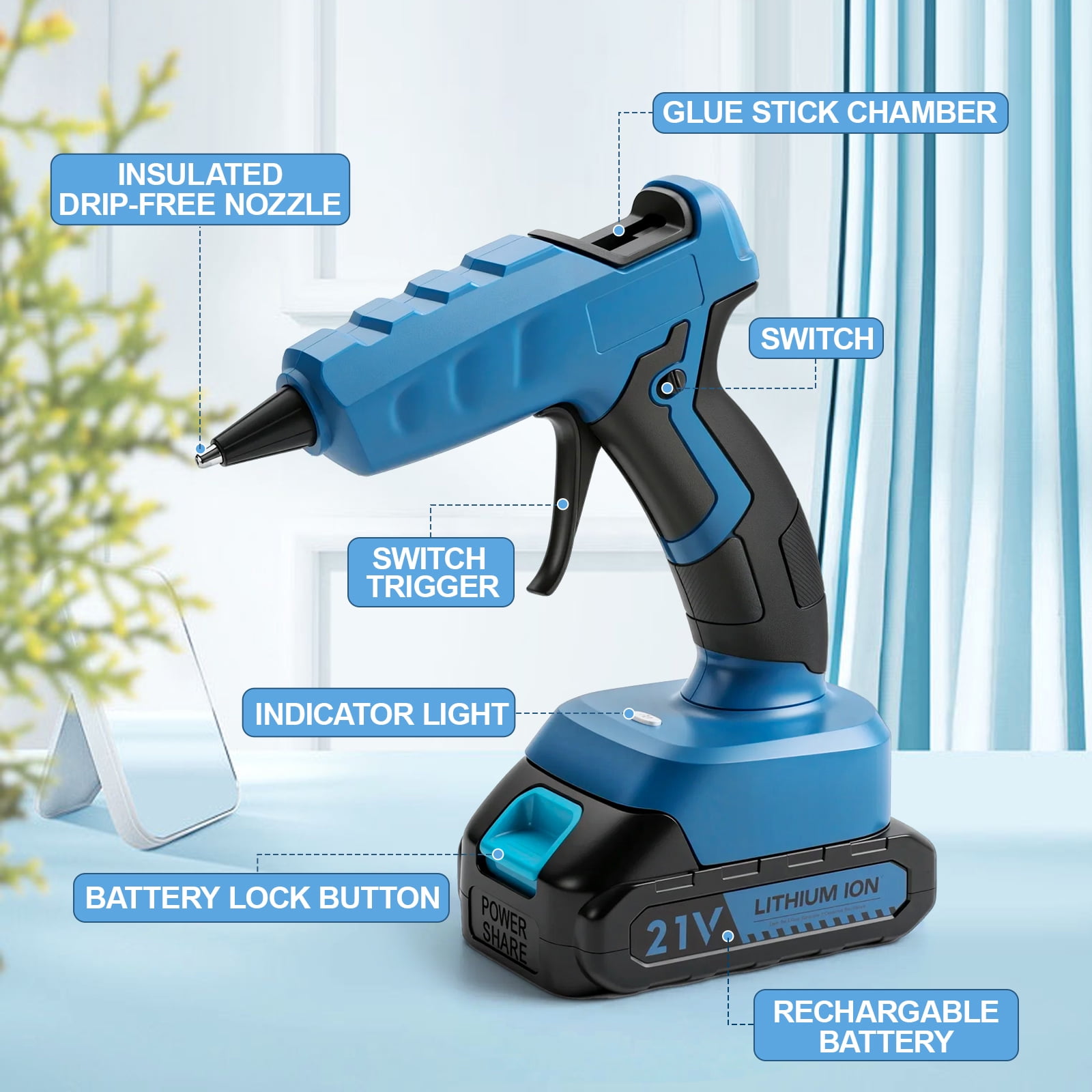 Cordless Hot Glue Gun with 2.0Ah Battery Charger and 30pcs Full Size Glue Sticks 100W Power Melt Glue Gun for DIY Festival Decor and Gifts, Blue