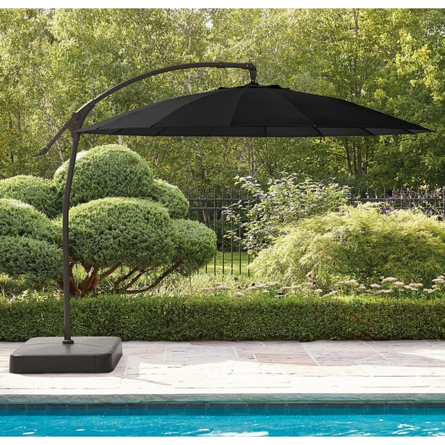 HOMETRENDS 10 ft. Round Offset Shanghai Patio Umbrella with Base, Meteorite