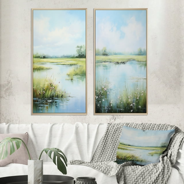 Designart "Meadow Calm Waters II" Meadow Framed Wall Art Set Of 2 - Green Landscapes Framed Canvas Set For Living Room Decor