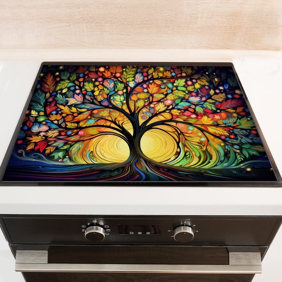 Square Electric Stove Top Cover, Abstract Huge Tree of Life Colorful Heat Resistant Glasstop Stove Covers, Washable Countertop Protector Mat for Kitchen RV(28×20 Inch)