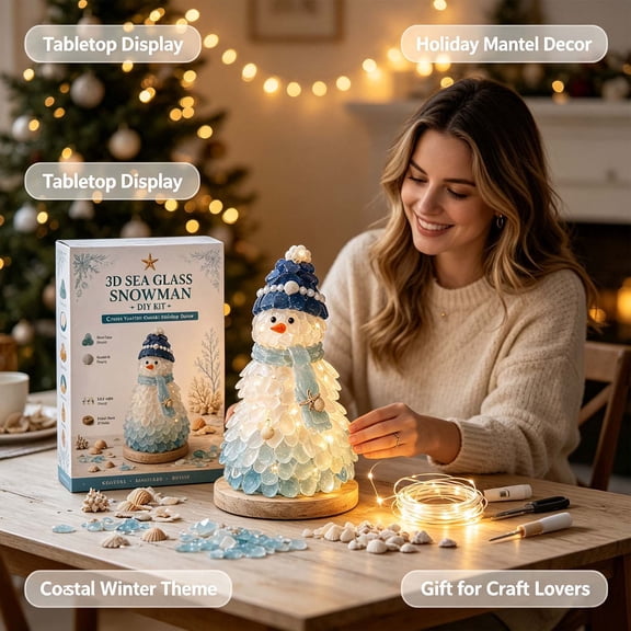 Sea Glass Snowman DIY Kit with Warm LED Lights, Winter Coastal‑Style Tabletop Ornament, Complete Hand‑Assembly Craft Kit for Home Display, Christmas and Holiday Gift