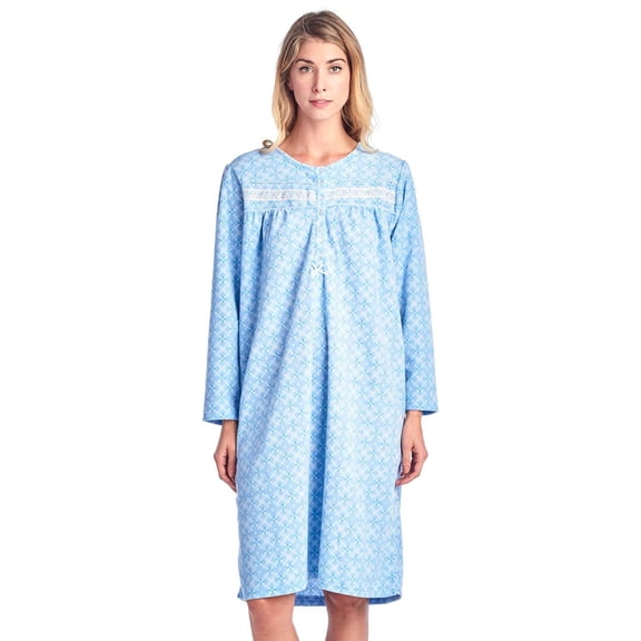 Casual Nights Women's Fleece Long Sleeve Nightgown, Floral Microfleece Sleepwear with Lace Trim and 3-Button Crew Neck, Sparkle Blue 3X