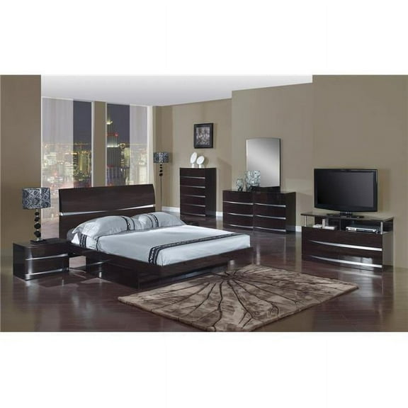 HomeRoots 80 x 60 x 42.5 in. Queen Modern Wenge High Gloss Bedroom Set - 4 Piece
