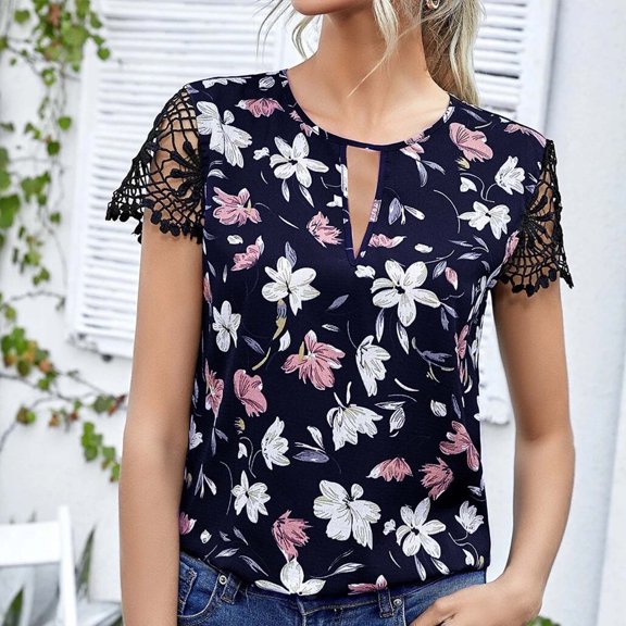Summer Saving Wycnly Womens Shirts Sexy Lace Trim Lightweight Keyhole Pullover Tops Summer Short Sleeve Crewneck Ladies Flowers Print Tops and Blouses Dark Blue XL