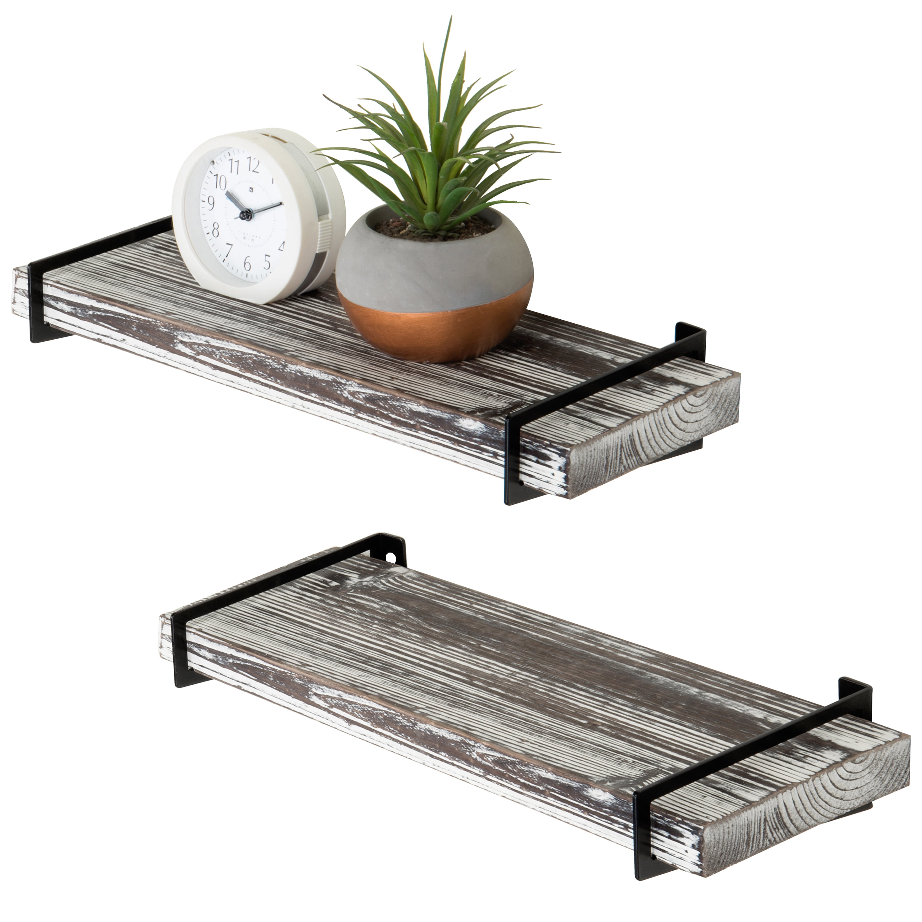 MyGift 16-Inch Rustic Gray Wood Floating Shelves with Black Metal