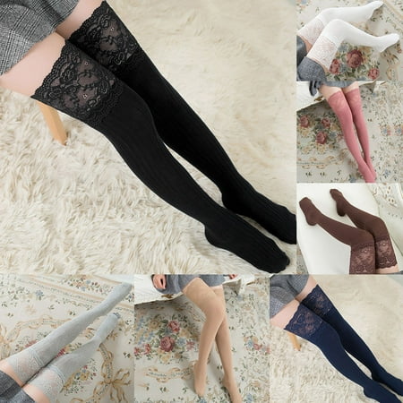 

Foraging dimple Women Lace Trim Thigh High Over The Knee Socks Long Cotton Warm Stockings Black
