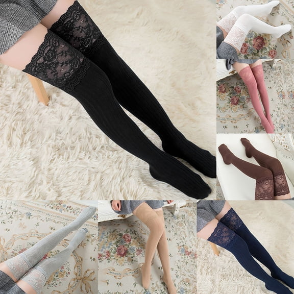 AirLoni Women's Stockings Lace Trim Thigh High Socks Cotton Warm Knee High Socks Stretchy Elatsic Skin-Friendly For Causal Daily Party Wear Grey,One Size
