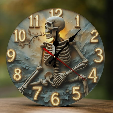 Wall Clock Decorative - Gothic Skeleton Print 2D Vintage Wall Clocks Battery Operated Silent Non-Ticking for Bedroom, Living Room, Kitchen, Office, Classroom, 10 Inch