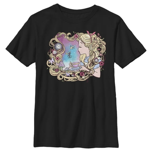 Boy's Alice in Wonderland Artistic Alice Long Hair Tea Party Graphic Tee Black X Small