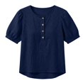 thumbnail image 3 of Womens Linen Cotton Blouses Summer Casual Boho Short Puff Sleeve Button Down Henley Shirts (Navy M), 3 of 4