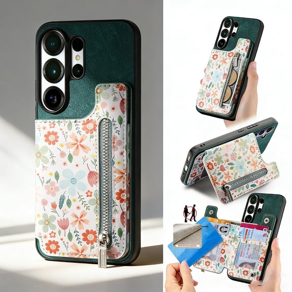 Flower Pattern Zipper Wallet Case for Samsung Galaxy S26 Ultra with Card Slots & Kickstand & RFID Blocking, Slim PU Leather Flip Case for Women Girls, Shockproof Magnetic Car Mount Cover, Green