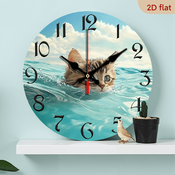 2D Flat, 1pc 10Inch Rustic Farmhouse Cat Swimming Wooden Wall Clock - Silent Quartz Movement, AA Battery Operated (Not Included), 2D Flat Design with Adorable Kitten Art, Perfect for Kitchen Bedro