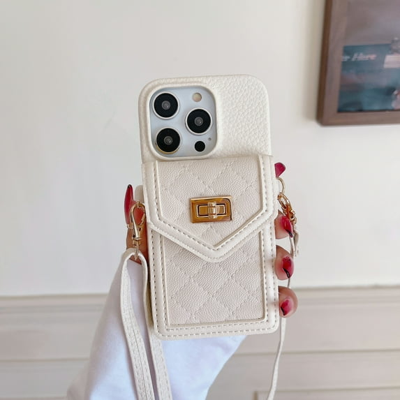 Nalacover for iPhone 14 Pro Max 6.7 inch Crossbody Phone Case with Detachable Adjustable Shoulder Strap,Luxury PU Leather Back Metal Buckle Card Pocket Wallet Phone Case for Women Men,White