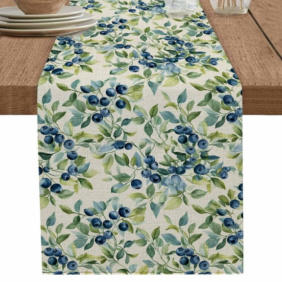 Summer Blueberry Leaves on Linen Table Runner-70 Inch Long Watercolor Botanical Table Runners Linen Burlap Tablerunner for Kitchen Dining Room Holiday Party