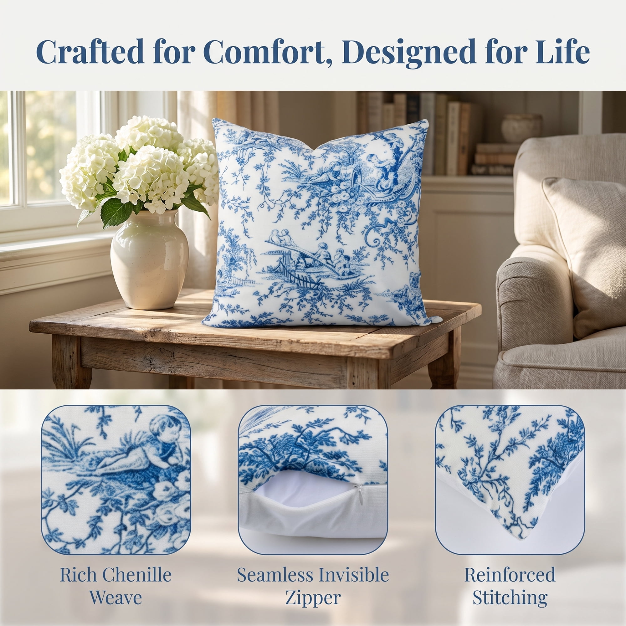 Unique Bargains Set of 2 Botanical Floral Printed Throw Pillow Covers Navy Blue 18"x18"