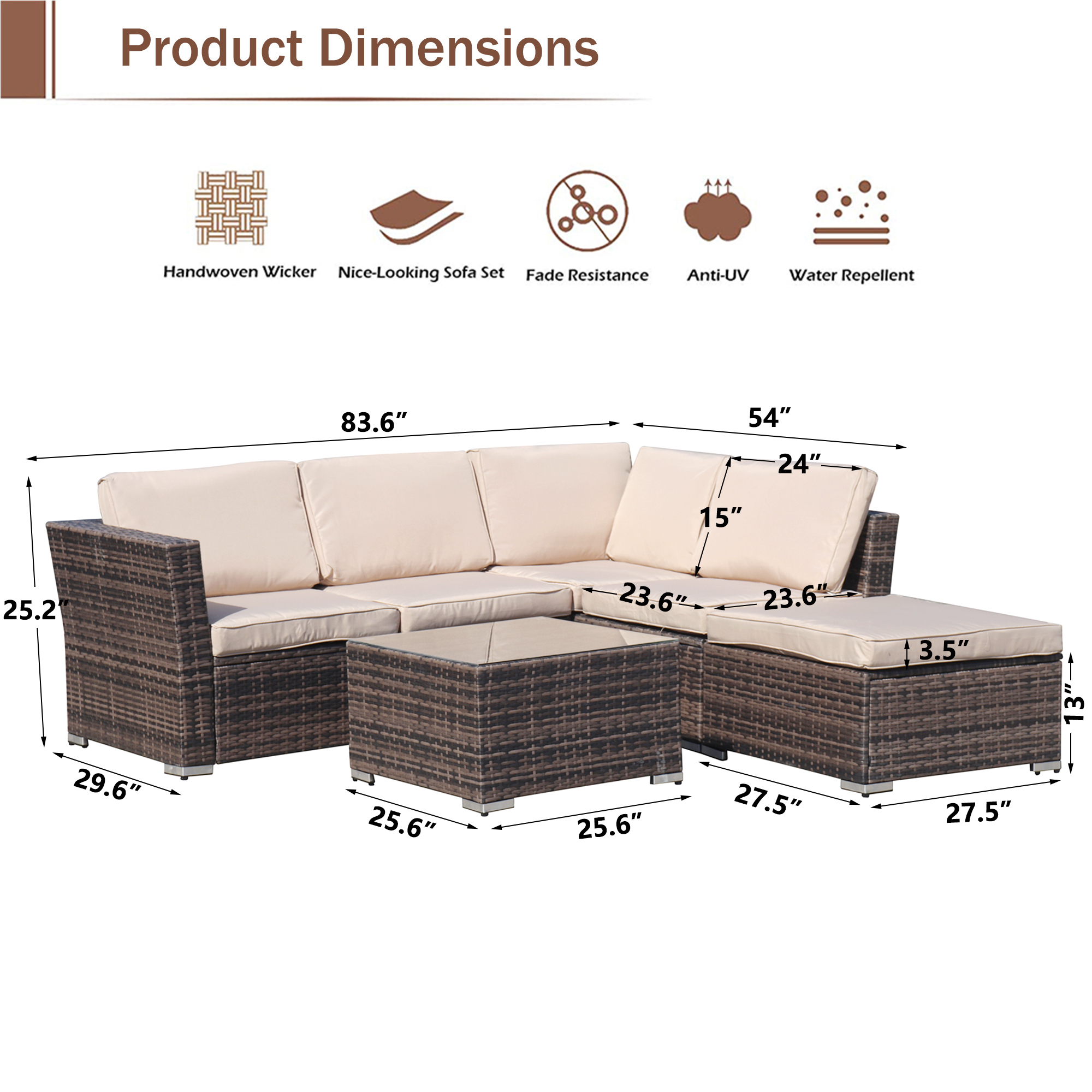 Patio Outdoor Furniture Sets, Patio Couch Sectional Furniture Set for Balcony Porch Backyard Deck Pool,with Chaise Lounge&Coffee Table&Washable Couch Cushions&Upgrade Wicker(4-Piece) (Brown) - image 4 of 9