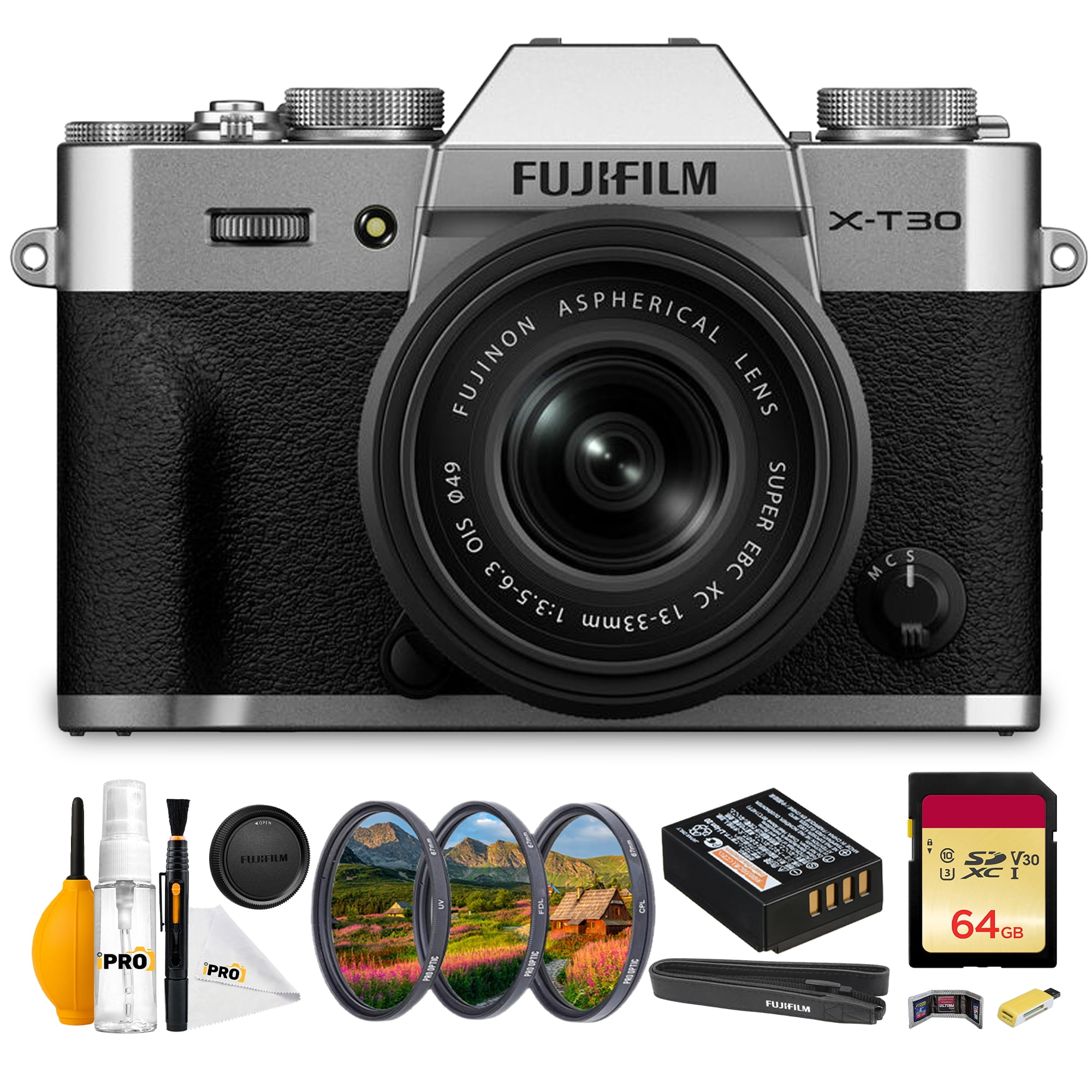 FUJIFILM X-T30 III Mirrorless Camera with 13-33mm f/3.5-6.3 Lens (Silver) Bundle With Lens Filter Kit UV/CPL/F 49mm + 64GB Memory Card + Memory Card Wallet + Cleaning Kit
