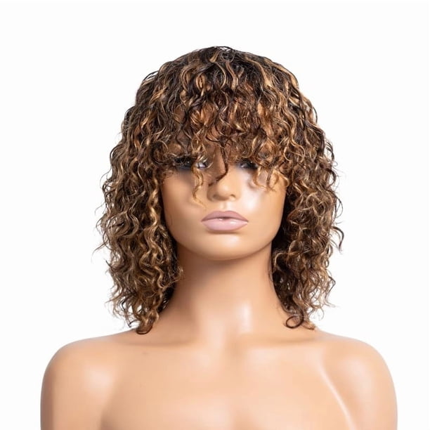 Peluca para mujer, color castaño dorado degradado, pelo corto y rizado con flequillo y pequeños rizos.