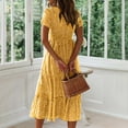 thumbnail image 5 of Penkiiy Women Boho Maxi Dress Crew-Neck Short Sleeve Empire Waist Summer Dress Smocked Floral Flowy Tiered Long Dress M Yellow, 5 of 9