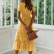 Casual Summer Robes for Women Manches Courtes Imprimé Plage Midi Dress Carré Cou Plissé Swing Boho Robe de Soleil – image 5 sur 7