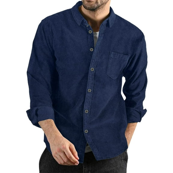 Mens Autumn Winter Corduroy Shirt Casual Long Sleeves Solid Color Buttoned Lightweight Shirts Dark Blue XXL