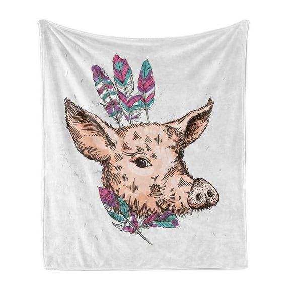 Farm Animal Soft Flannel Fleece Blanket, Abstract Sketch of Pig Portrait with Colorful Bohemian Style Feathers, Cozy Plush for Indoor and Outdoor Use, 70" x 90", Peach and Multicolor, by Ambesonne