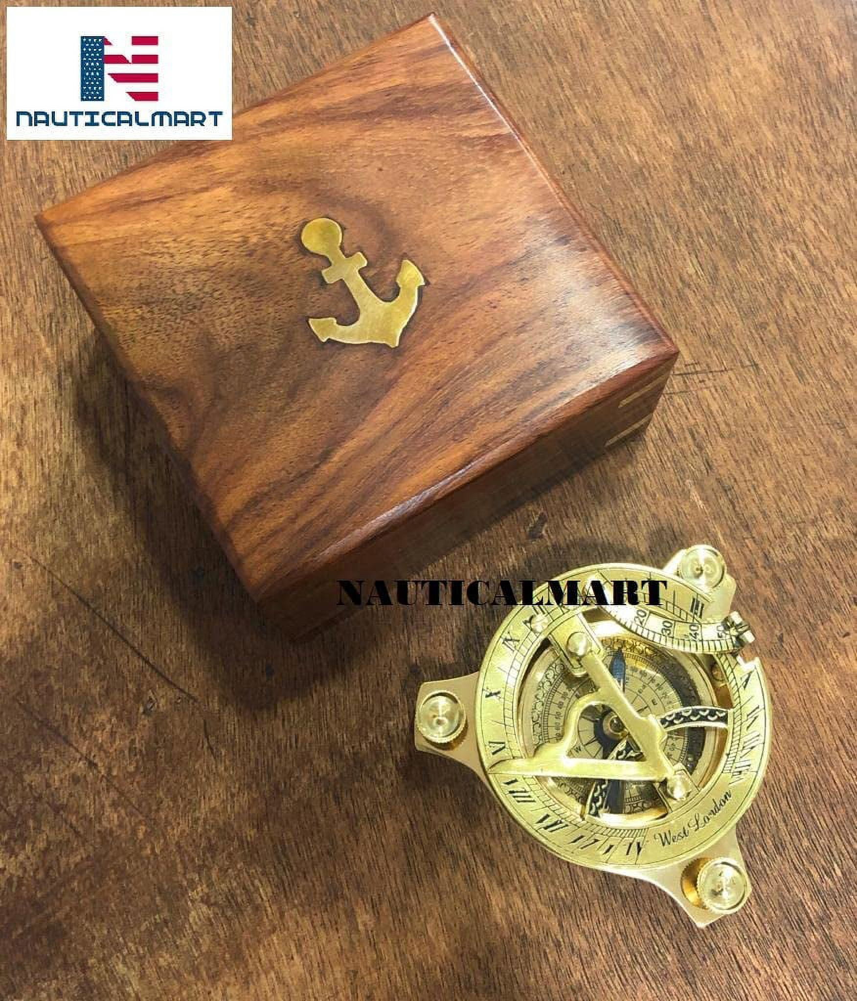 3.75" Brass Sundial Compass with Nautical Wooden Box