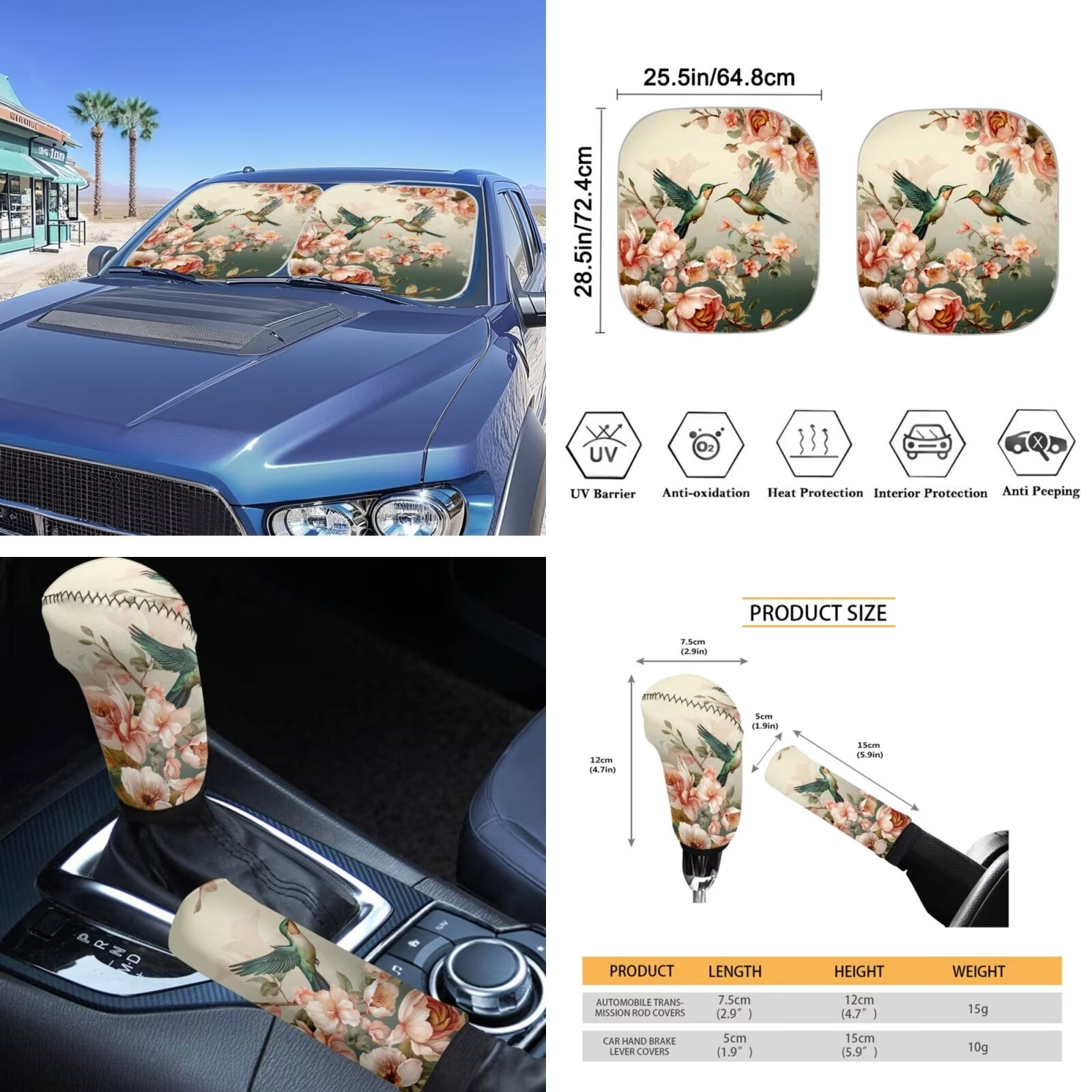 Garronmavis Aesthetic Flower Hummingbird 16 Pcs Car Accessories Set Car Seats Belts Shoulder Pad Covers Keychain Gear Shifting Knob Cover Cup Mats Front Window Sunshade Rearview Mirror Cover
