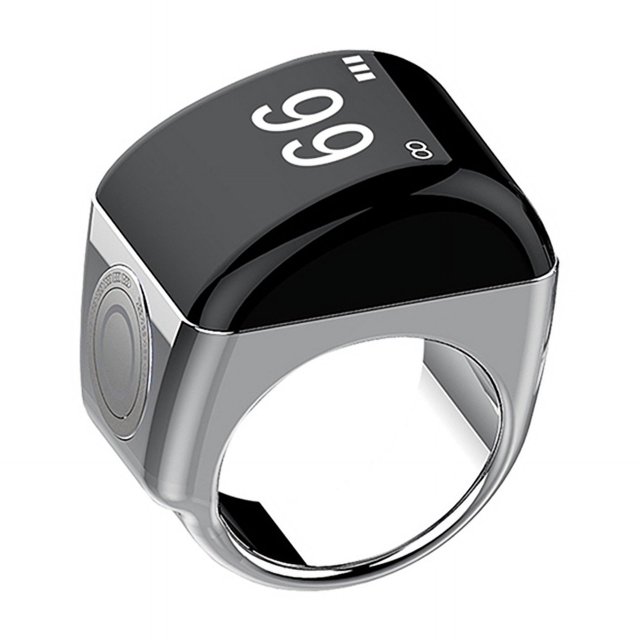 Anillo Inteligente de Aleación de Zinc + Caja de Carga, Contador Digital Resistente Al Agua, Pantalla Controlada por Aplicación, 5 Recordatorios de Tiempo de Oración, Plata, 18 mm
