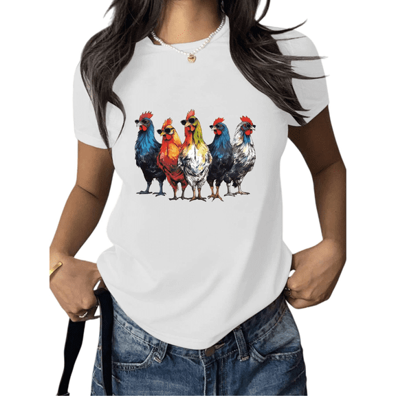 Women's Rainbow Chickens Graphic Cotton T Shirt Casual Breathable Short Sleeve Round Neck Top White S-5XL