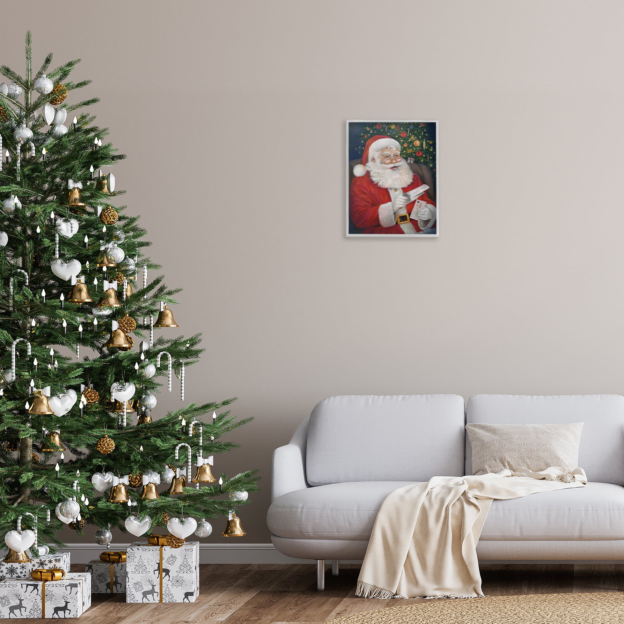 Stupell Industries Merry Santa Claus Holiday Painting Gray Framed Art Prints Wall Art, 16 x 20