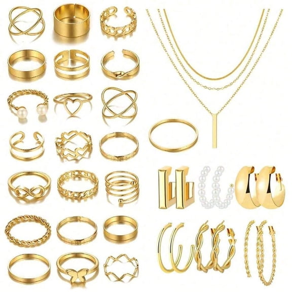 21pcs Chunky Vintage Boho Elegant Style Geometric Knot Heart Butterfly Faux Pearl Crystal Multi Layer Pendant Necklace Earrings Ring Bracelet Jewelry Set Perfect Valentine's Day Gift