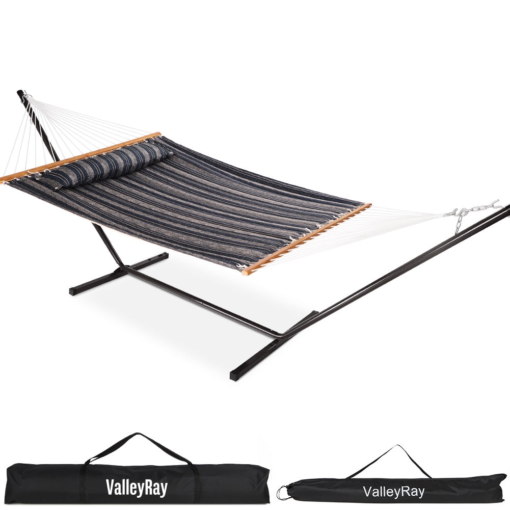 Max 475lbs Capacity Gafete Large Thicker Hammock with Stand Included 2 Person Heavy Duty Outside Portable Cotton Double Hammocks with Hardwood Spreader Bar and Pillow for Outdoor Navy 