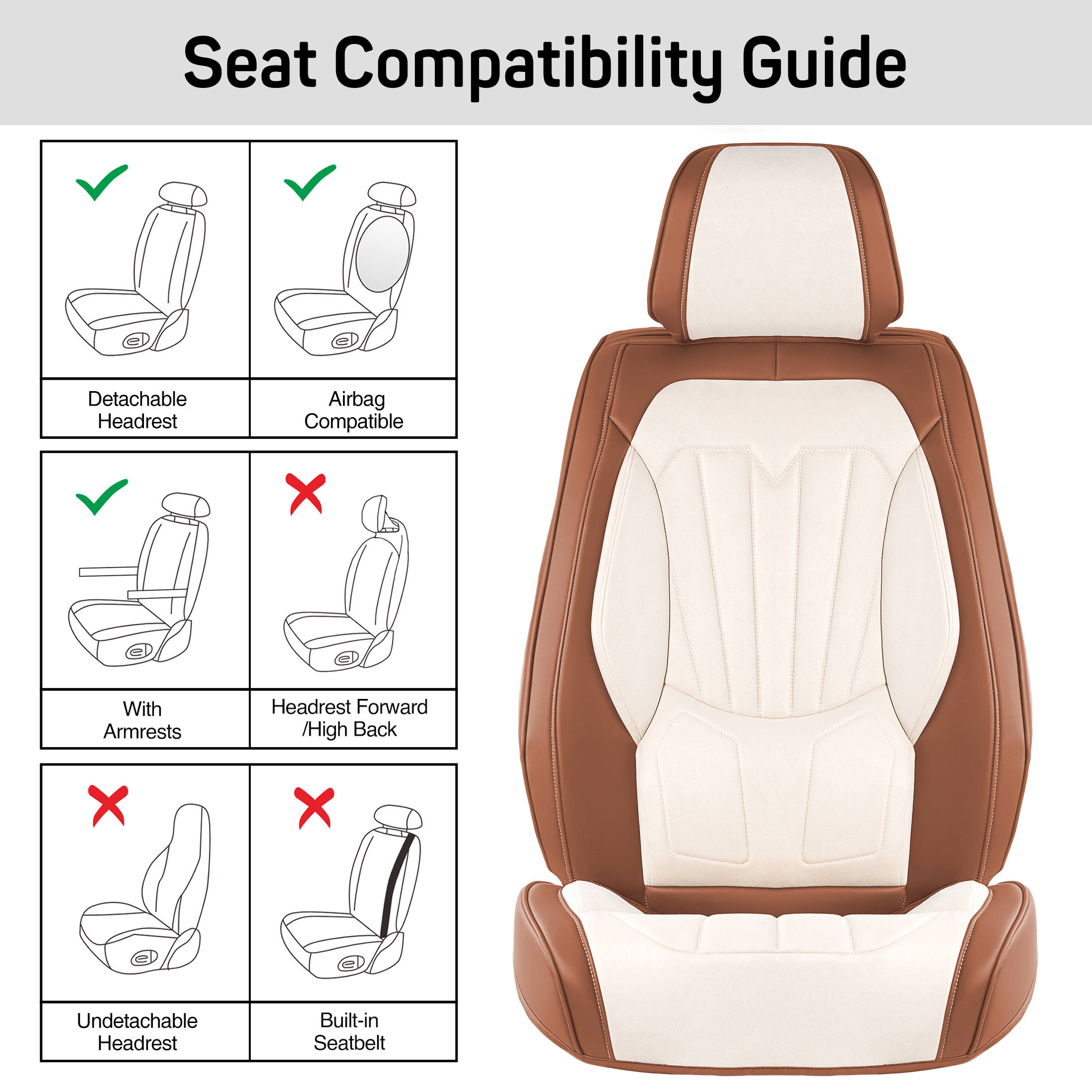Caromop Universal Car Seat Covers Full Set,3D Foam Support in Velvet & PU Leather,Armrest Compatible for Cars, Trucks, SUVs (Beige/Brown)